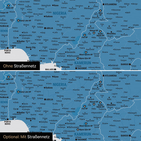 Landkarte von Afrika als Pinn-Leinwand in Blau wahlweise mit oder ohne eingedrucktem Straßennetz