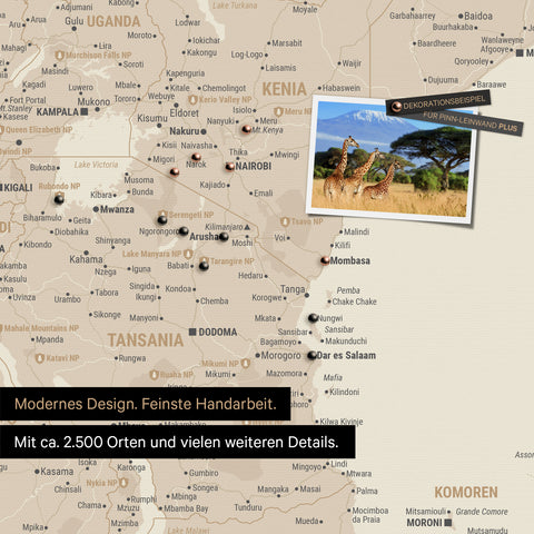 Detailreiche Afrika-Karte als Pinnwand in Gold zur Markierung von 2.500 Reisezielen in Tansania, Kenia und vielen anderen afrikanischen Ländern – ideal für die Markierung vergangener Reisen und zukünftiger Reisepläne