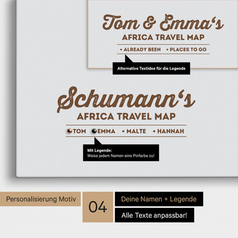 Pinnwand Leinwand einer Afrika-Karte in Multicolor Beige mit Personalisierung als Logo mit Familiennamen und Legende