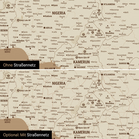 Landkarte von Afrika als Pinn-Leinwand in Treasure Gold (Gold-Beige) wahlweise mit oder ohne eingedrucktem Straßennetz