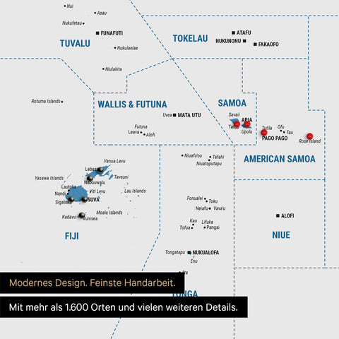 Sehr detaillierte Landkarte von Ozeanien in Farbe Blau mit allen Inseln und Atollen in der Südsee