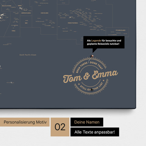 Personalisierte Australien-Karte als Pinn-Leinwand in Farbe Hale Navy (Dunkelblau Gold) mit eingedruckten Namen und einer Legende zur Markierung von besuchten Orten