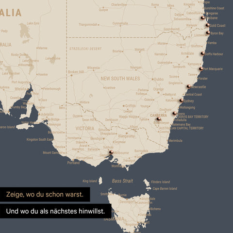 Ausschnitt einer Landkarte von Australien in Farbe Hale Navy (Dunkelblau Gold) mit Pins zur Markierung von besuchten Reisezielen