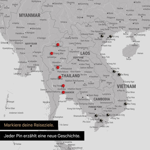 Detail einer Südost-Asien-Karte als Pinn-Leinand in Farbe Hellgrau mit Kartenausschnitt von Thailand, Vietnam und Myanmar