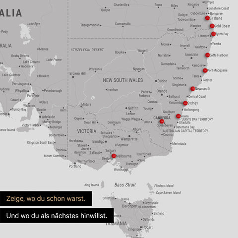 Ausschnitt einer Landkarte von Australien in Farbe Hellgrau mit Pins zur Markierung von besuchten Reisezielen