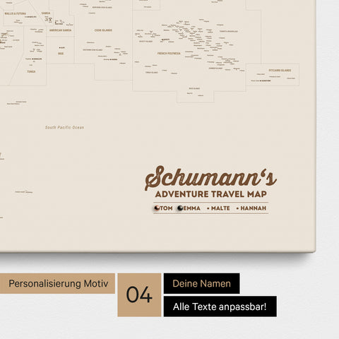 Australien-Karte als Leinwand zum Pinnen in Farbe Bronze mit Personalisierung in Form eines Logos für Familiennamen