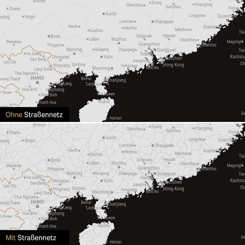 Vergleich einer Australien-Karte in Farbe Schwarz-Weiß mit und ohne Straßennetz