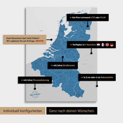 Carte du Benelux à épingles TRAVEL® – Bleu océan