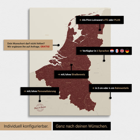 Carte du Benelux à épingles TRAVEL® – Rouge Bordeaux