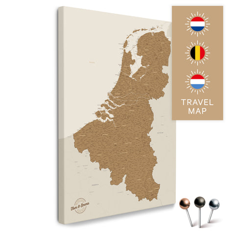 Benelux-Landkarte mit Niederlande, Belgien und Luxemburg in der Farbe Bronze in einem modernen, minimalistischem Design als Leinwand zum Pinnen von Reisen und Orten