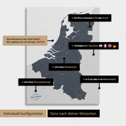 Carte du Benelux à épingles TRAVEL® – Bleu denim
