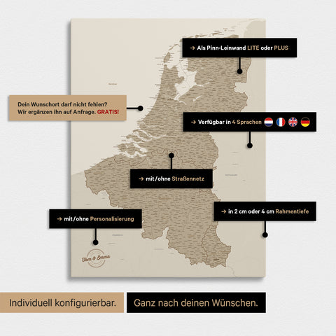 Carte du Benelux à épingles TRAVEL® – Sable désert