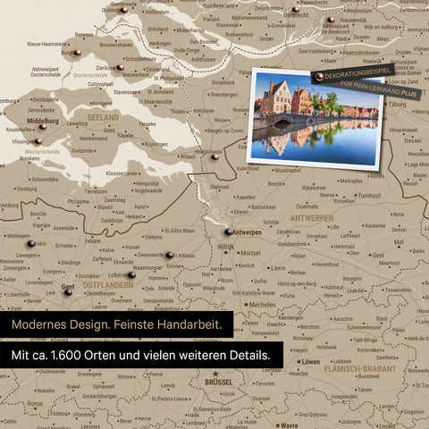 Benelux-Landkarte in Desert Sand als Leinwand zum Pinnen zeigt einen Ausschnitt von Seeland, Ostflandern und Antwerpen mit vielen Details wie Nationalparks, Flüssen und zahlreichen kleinen Orten und Städten, die teilweise mit Pins markiert sind