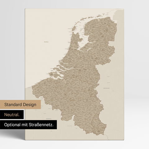 Neutrale Standard Ausführung der detaillierten Benelux-Karte als Pinnwand Leinwand in Desert Sand ohne Personalisierung
