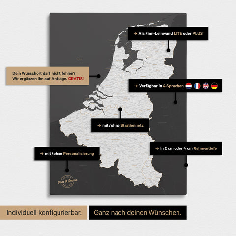 Carte du Benelux à épingles TRAVEL® – Gris foncé