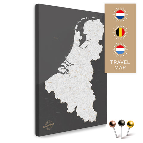 Benelux-Landkarte mit Niederlande, Belgien und Luxemburg in der Farbe Dunkelgrau in einem modernen, minimalistischem Design als Leinwand zum Pinnen von Reisen und Orten