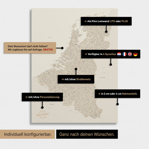 Carte du Benelux à épingles TRAVEL® – Or