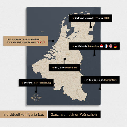 Carte du Benelux à épingles TRAVEL® – Bleu marine Hale