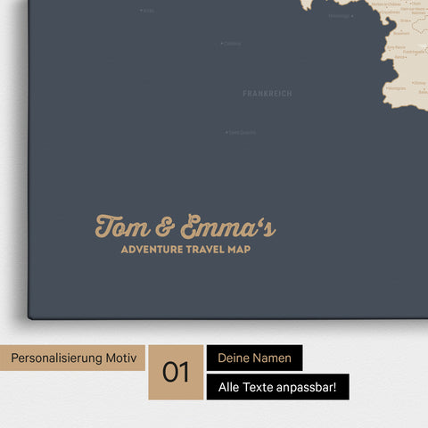 Landkarte von Niederlande, Belgien und Luxemburg als Pinnwand Leinwand in Hale Navy mit Personalisierung und Namen in einer modernen Schreibschrift