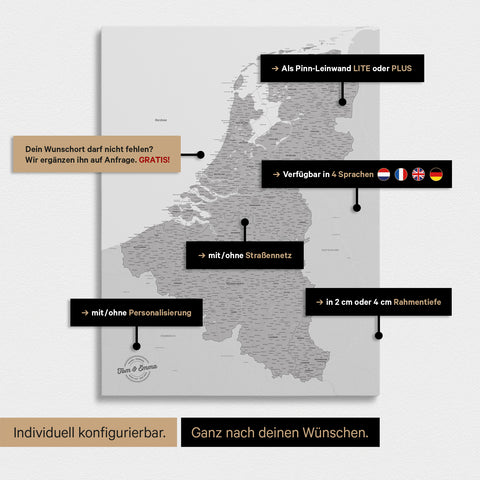Carte du Benelux à épingles TRAVEL® – Gris froid