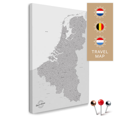 Benelux-Landkarte mit Niederlande, Belgien und Luxemburg in der Farbe Coolgray in einem modernen, minimalistischem Design als Leinwand zum Pinnen von Reisen und Orten