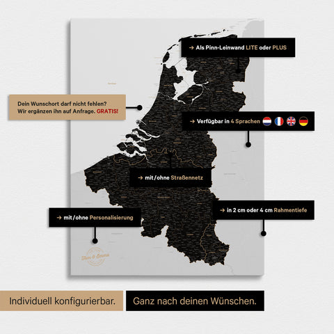 Carte du Benelux à épingles TRAVEL® – Noir clair