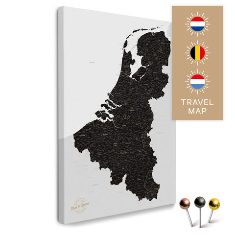 Benelux-Landkarte mit Niederlande, Belgien und Luxemburg in der Farbe Light Black in einem modernen, minimalistischem Design als Leinwand zum Pinnen von Reisen und Orten