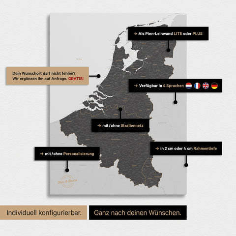 Carte du Benelux à épingles TRAVEL® – Gris clair