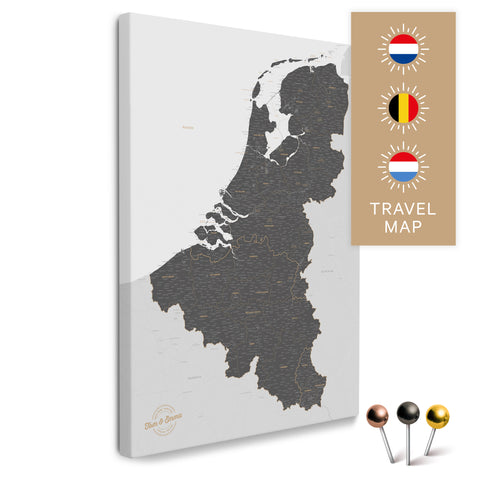 Benelux-Landkarte mit Niederlande, Belgien und Luxemburg in der Farbe Light Gray in einem modernen, minimalistischem Design als Leinwand zum Pinnen von Reisen und Orten