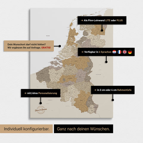 Carte du Benelux à épingles TRAVEL® – Beige multicolore