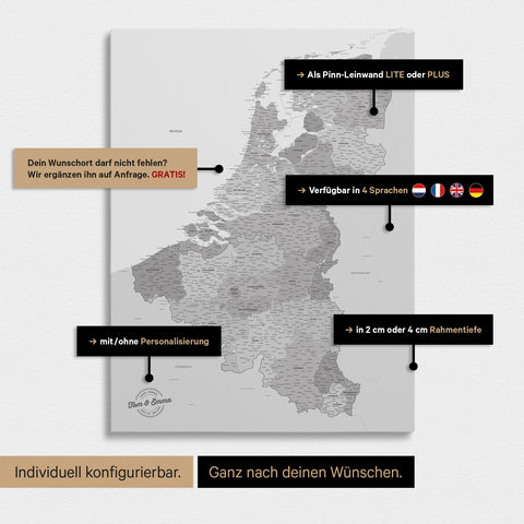 Carte du Benelux à épingles TRAVEL® – Gris multicolore