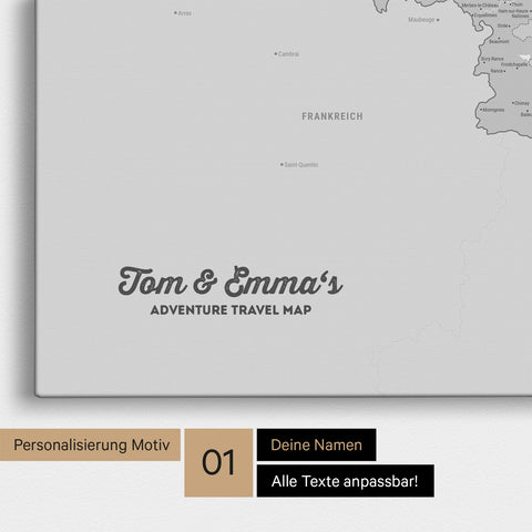 Landkarte von Niederlande, Belgien und Luxemburg als Pinnwand Leinwand in Multicolor Grau mit Personalisierung und Namen in einer modernen Schreibschrift