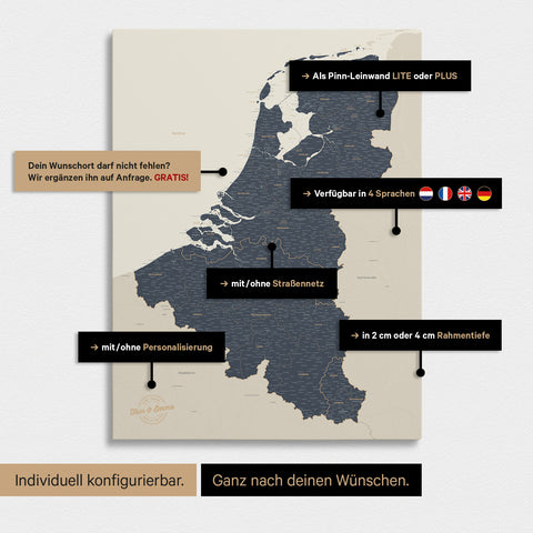 Carte du Benelux à épingles TRAVEL® – Bleu marine clair