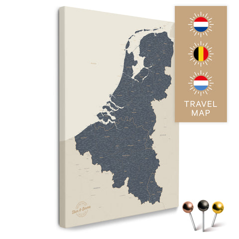 Benelux-Landkarte mit Niederlande, Belgien und Luxemburg in der Farbe Navy Light in einem modernen, minimalistischem Design als Leinwand zum Pinnen von Reisen und Orten