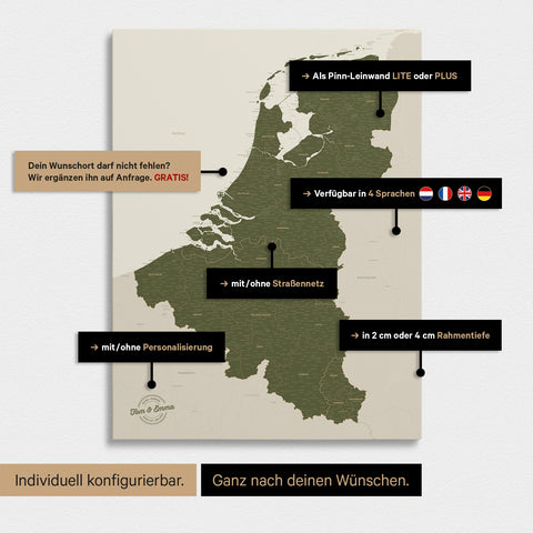 Carte du Benelux à épingles TRAVEL® – Vert olive