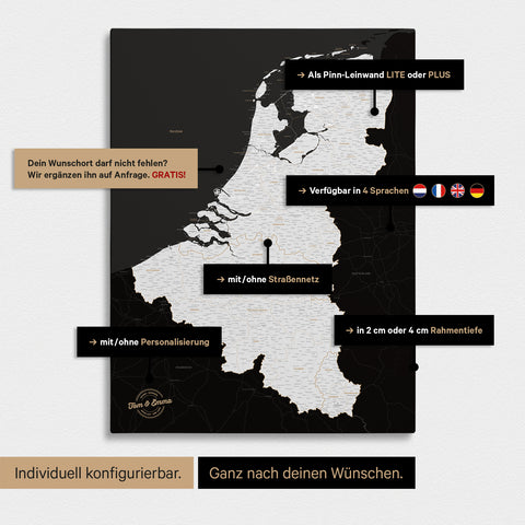 Carte du Benelux à épingles TRAVEL® – Noir foncé (noir et blanc)