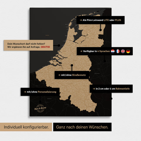 Carte du Benelux à épingles TRAVEL® – Noir Sonar