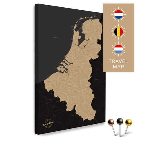 Benelux-Landkarte mit Niederlande, Belgien und Luxemburg in der Farbe Sonar Black in einem modernen, minimalistischem Design als Leinwand zum Pinnen von Reisen und Orten