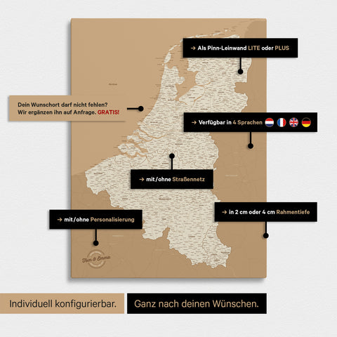 Carte du Benelux à épingles TRAVEL® – Or trésor