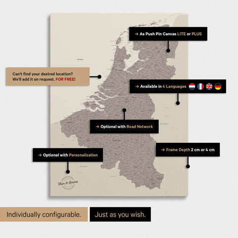 Carte du Benelux à épingles TRAVEL® – Gris chaud