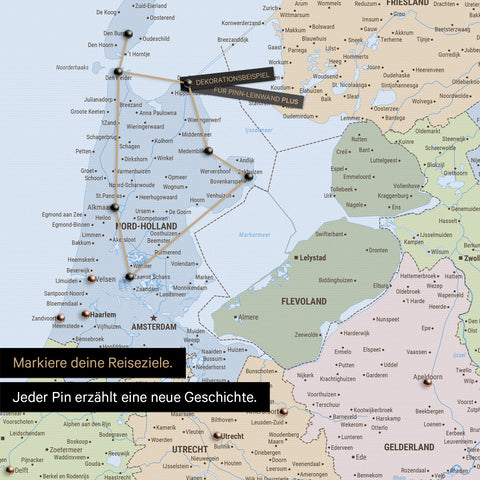 Carte politique Benelux en tant que Carte à épingles montre un extrait de Hollande-Septentrionale et Utrecht, où les destinations de voyage déjà visitées sont marquées par des épingles