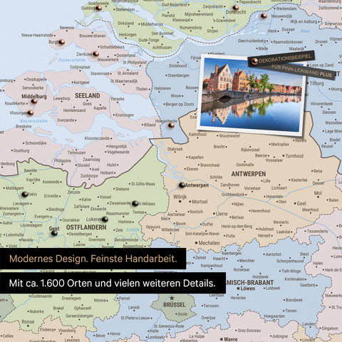 Carte politique du Benelux en tant que toile à épingler montre un extrait de Zélande, Flandre-Orientale et Anvers avec de nombreux détails tels que parcs nationaux, rivières et de nombreuses petites localités et villes, dont certaines sont marquées avec des épingles