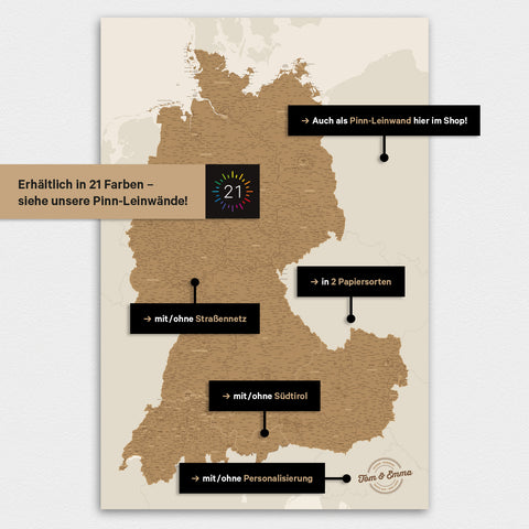 Carte DACH TRAVEL® Tableau magnétique – en 21 couleurs