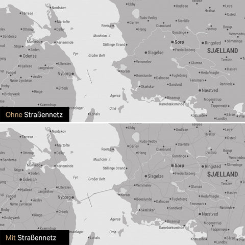 Dänemark-Karte Pinn-Leinwand in Coolgray mit optional eingedrucktem Straßennetz aus Autobahnen und Landstraßen