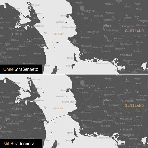 Dänemark-Karte Pinn-Leinwand in Light Gray mit optional eingedrucktem Straßennetz aus Autobahnen und Landstraßen