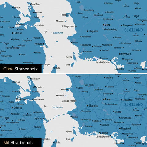 Dänemark-Karte Pinn-Leinwand in Blau mit optional eingedrucktem Straßennetz aus Autobahnen und Landstraßen