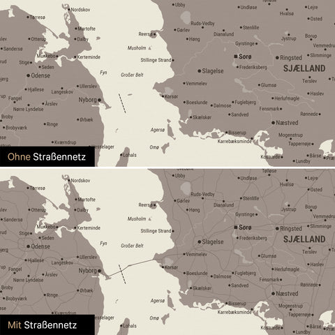 Dänemark-Karte Pinn-Leinwand in Warmgray (Braun-Grau) mit optional eingedrucktem Straßennetz aus Autobahnen und Landstraßen