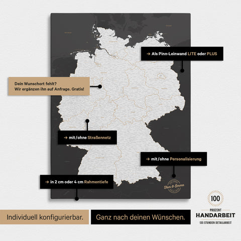 Vielfältige Konfigurationsmöglichkeiten einer Deutschland-Karte als Pinn-Leinwand in Dunkelgrau