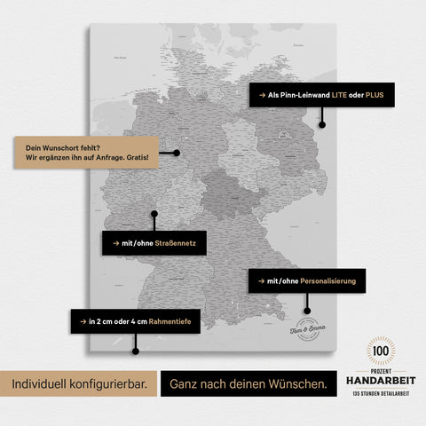 Vielfältige Konfigurationsmöglichkeiten einer Deutschland-Karte als Pinn-Leinwand in Multicolor Gray