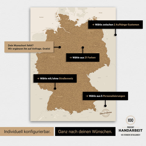 Übersicht über die vielfältigen Konfigurationsmöglichkeiten einer magnetischen Deutschland-Karte als Magnetboard in Bronze, von der Auswahl des Aufhänge-Systems über Farben bis zum Detailgrad